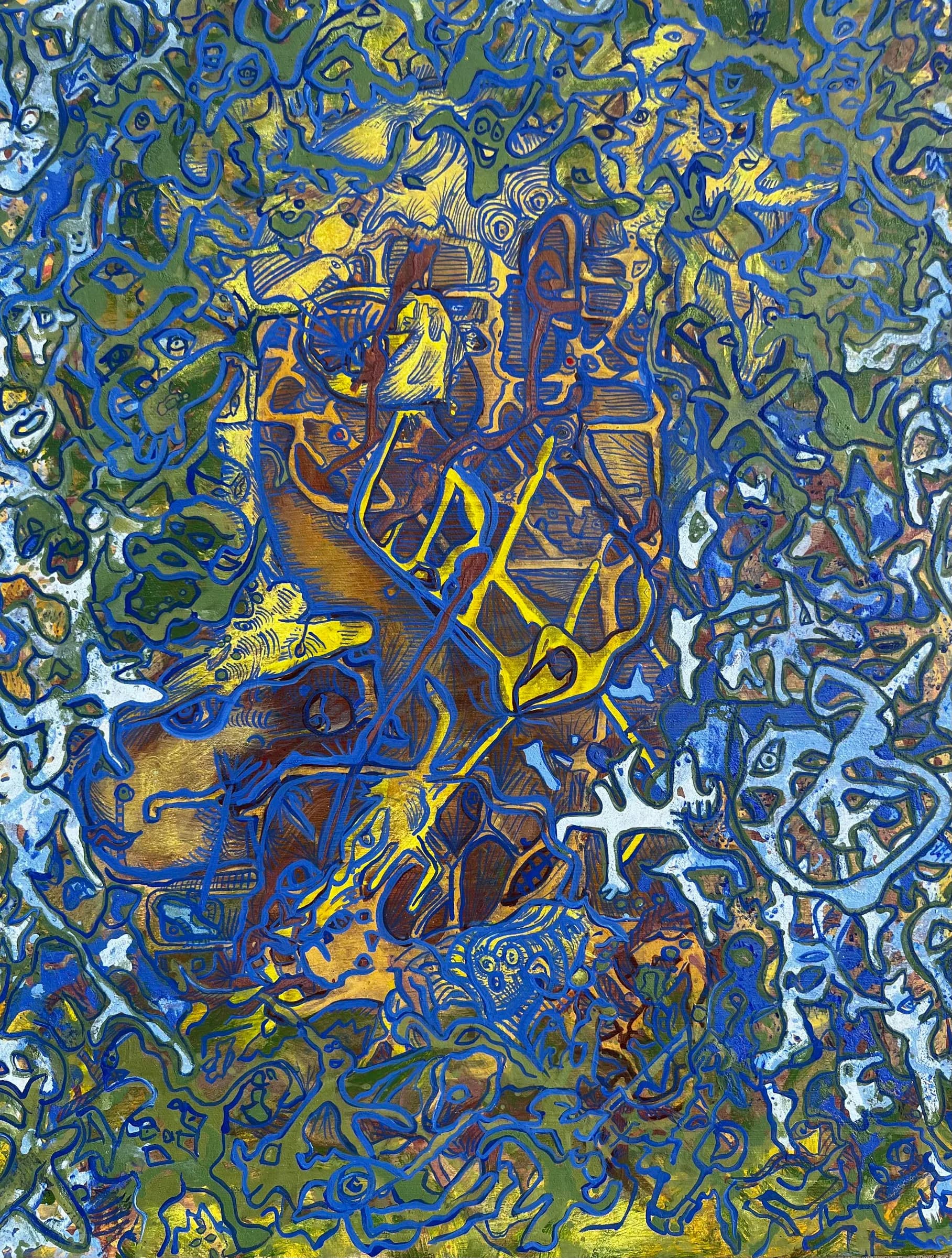 Breaking My Own Rules by Ana Violeta Horta, blue and yellow mineral pigments with layered outlined forms
