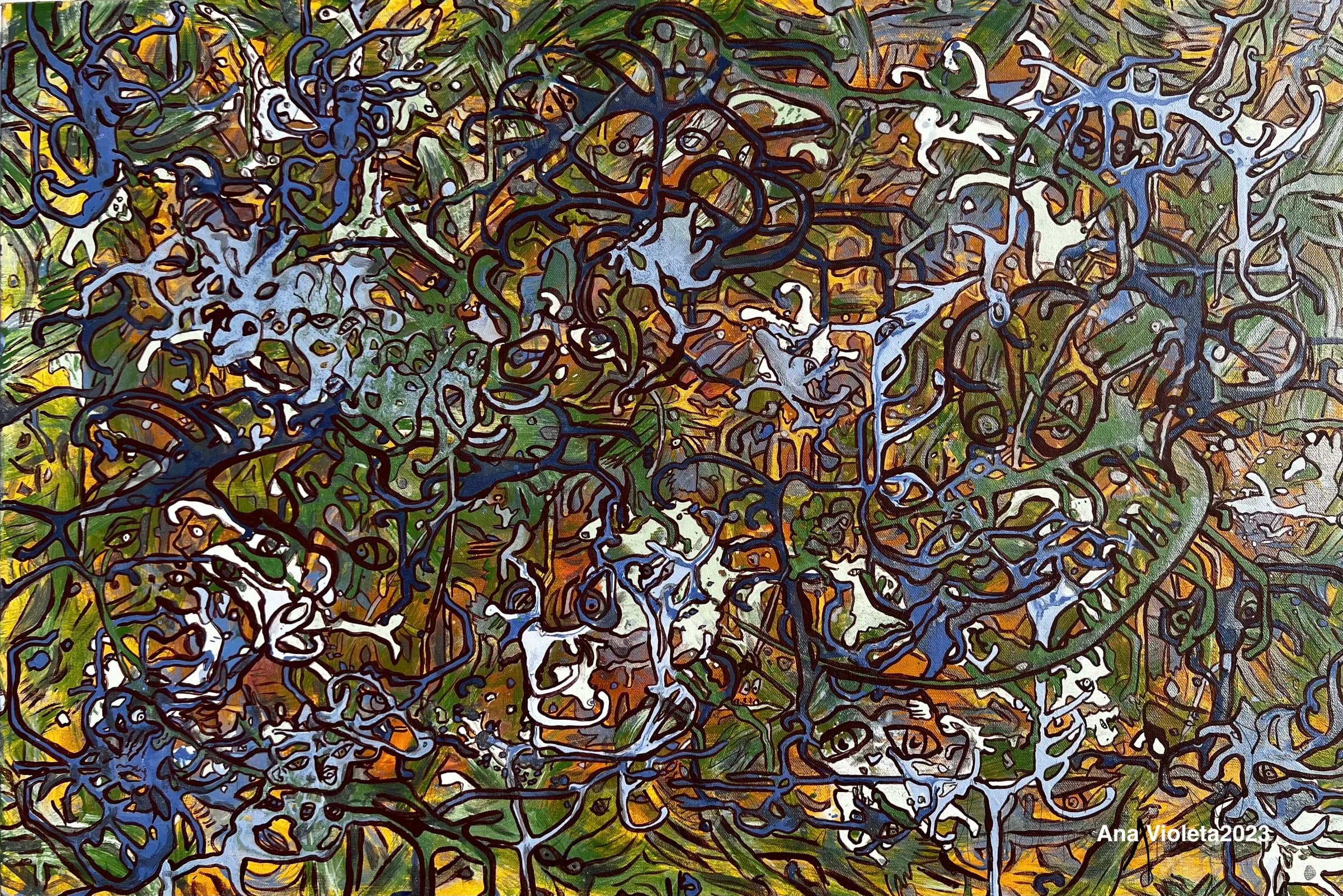 Constrained Change by Ana Violeta Horta, intricate outlined patterns in earth and teal eco-pigments on a horizontal canvas