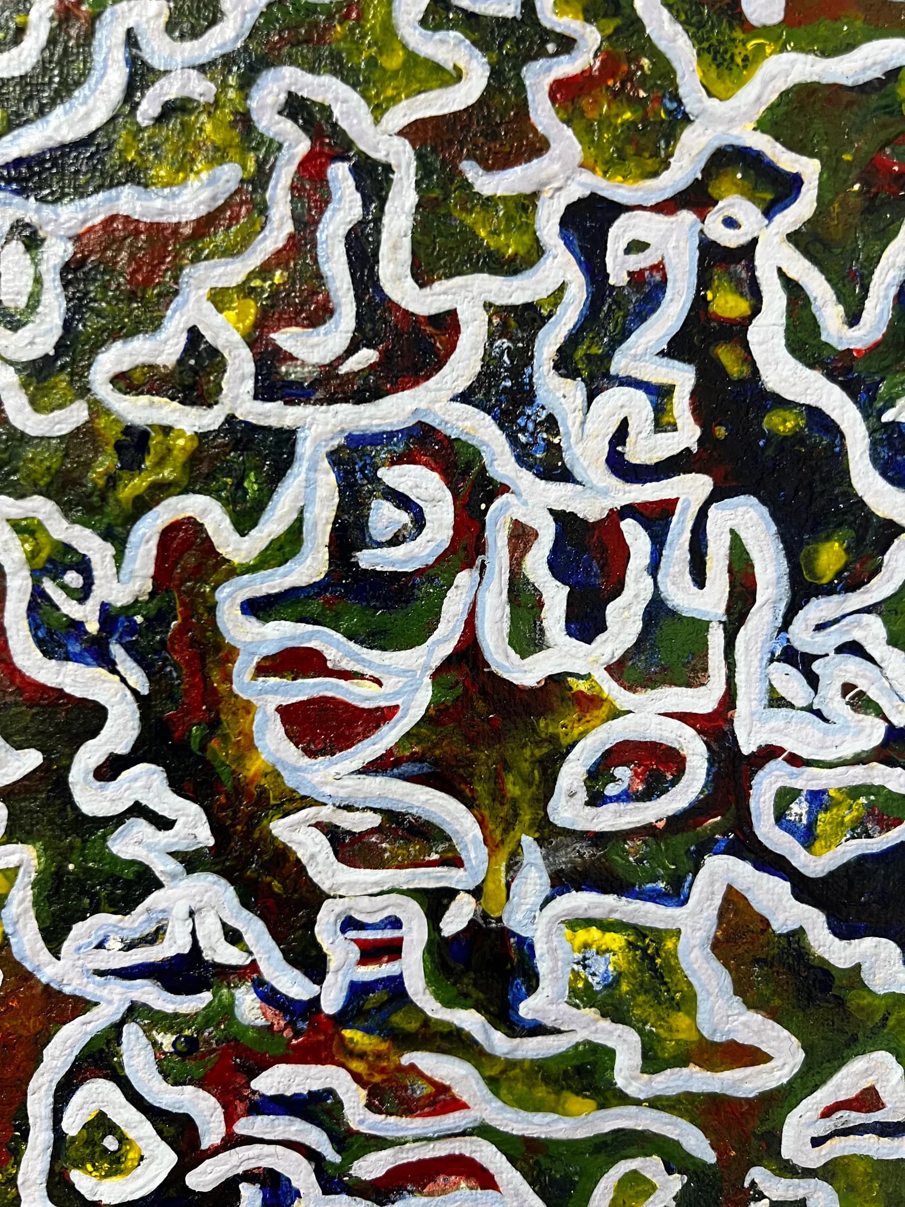 Humane Invasion by Ana Violeta Horta, yellow and red mineral pigments with white outlined figures