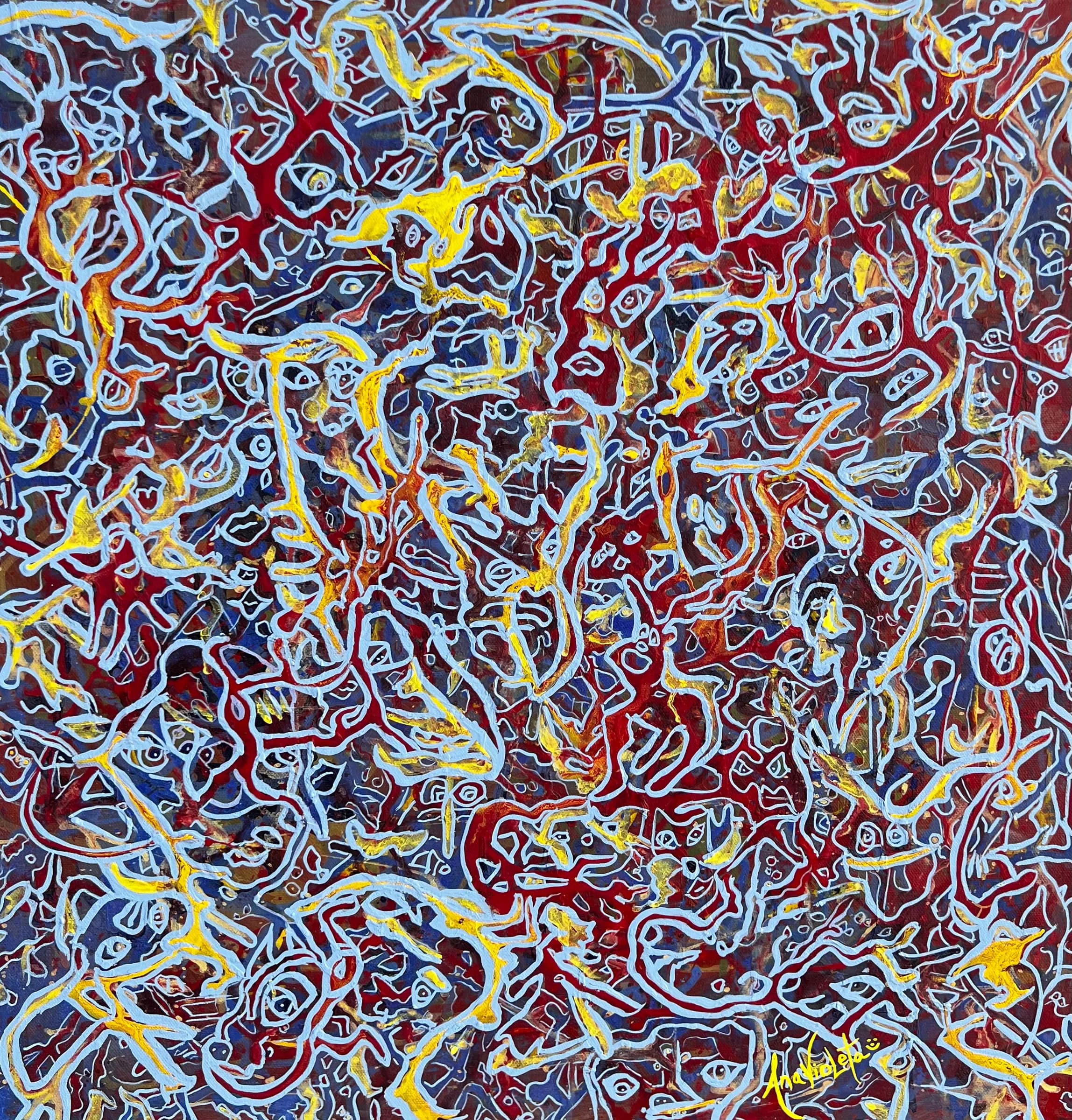 Implosion by Ana Violeta Horta, blue, grey and yellow natural pigments with a central contracting form