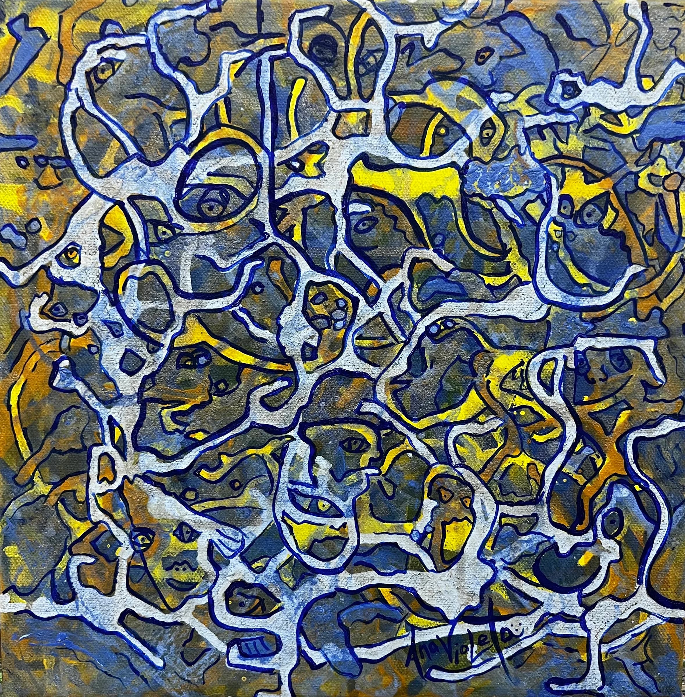 It's Not a Game Anymore by Ana Violeta Horta, dense blue and grey mineral pigments with outlined figures