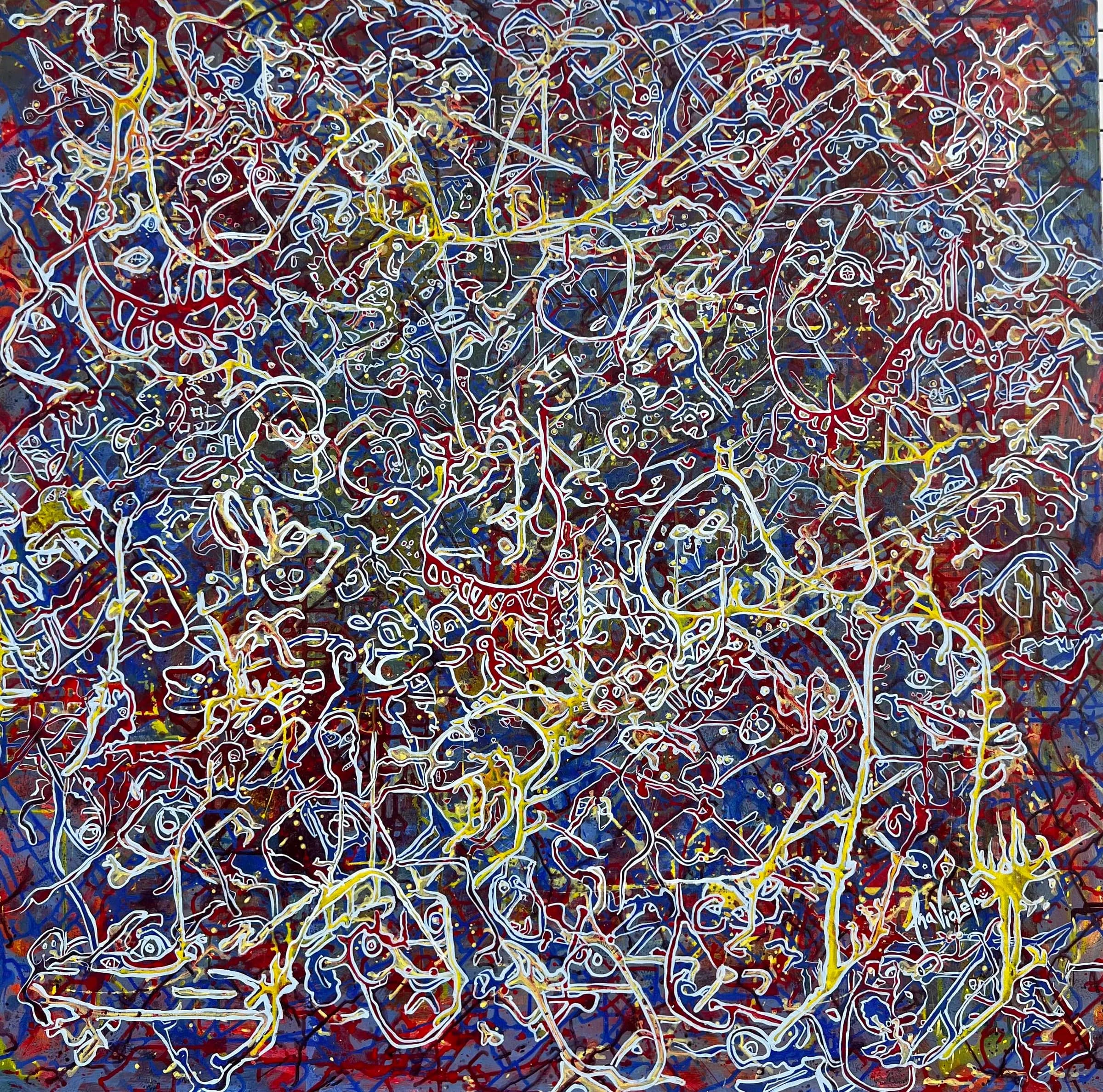 Now What? by Ana Violeta Horta, natural mineral pigments, layered blue, red and cream doodled forms
