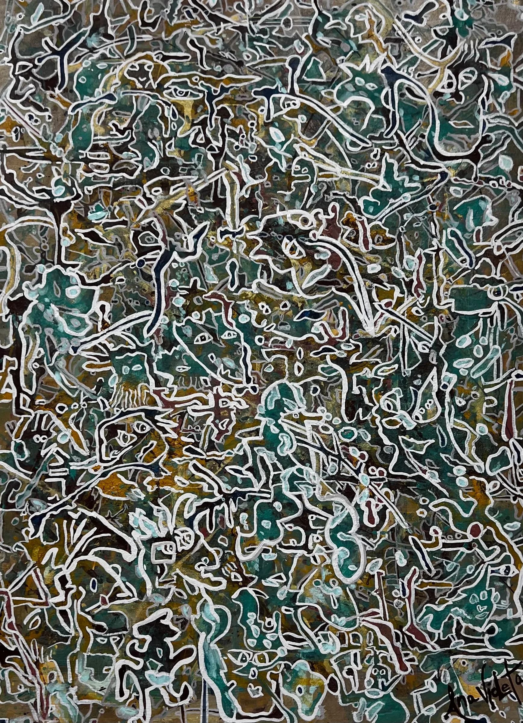 Running From That Pain by Ana Violeta Horta, teal and ochre mineral pigments with swirling fragmented forms
