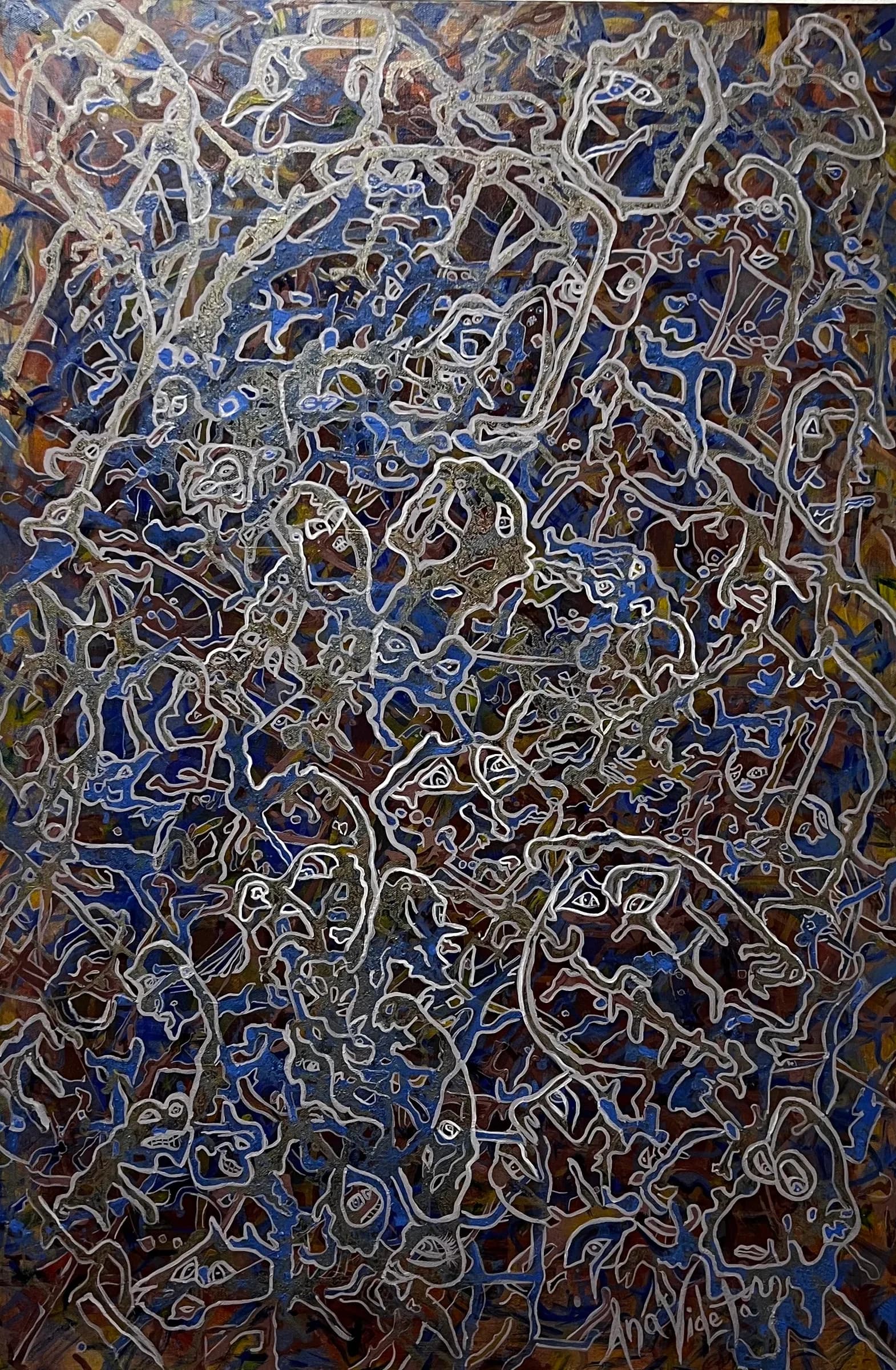 She Said... He Said... by Ana Violeta Horta, blue-grey mineral pigments with fragmented outlined mouths and silhouettes