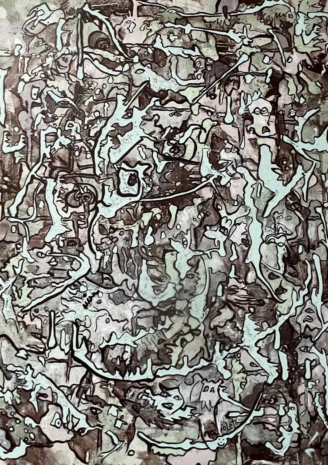 The Abuse of Power by Ana Violeta Horta, grey and cream mineral pigments with dense outlined figures