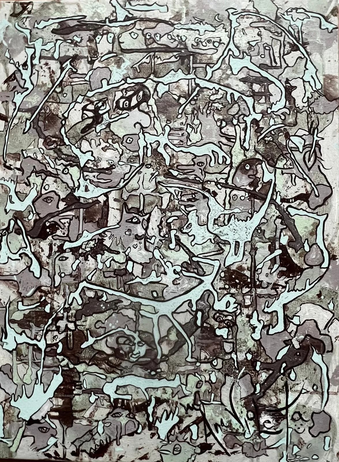 The Backup Is Exhausted by Ana Violeta Horta, grey and rust mineral pigments with layered scribbled forms