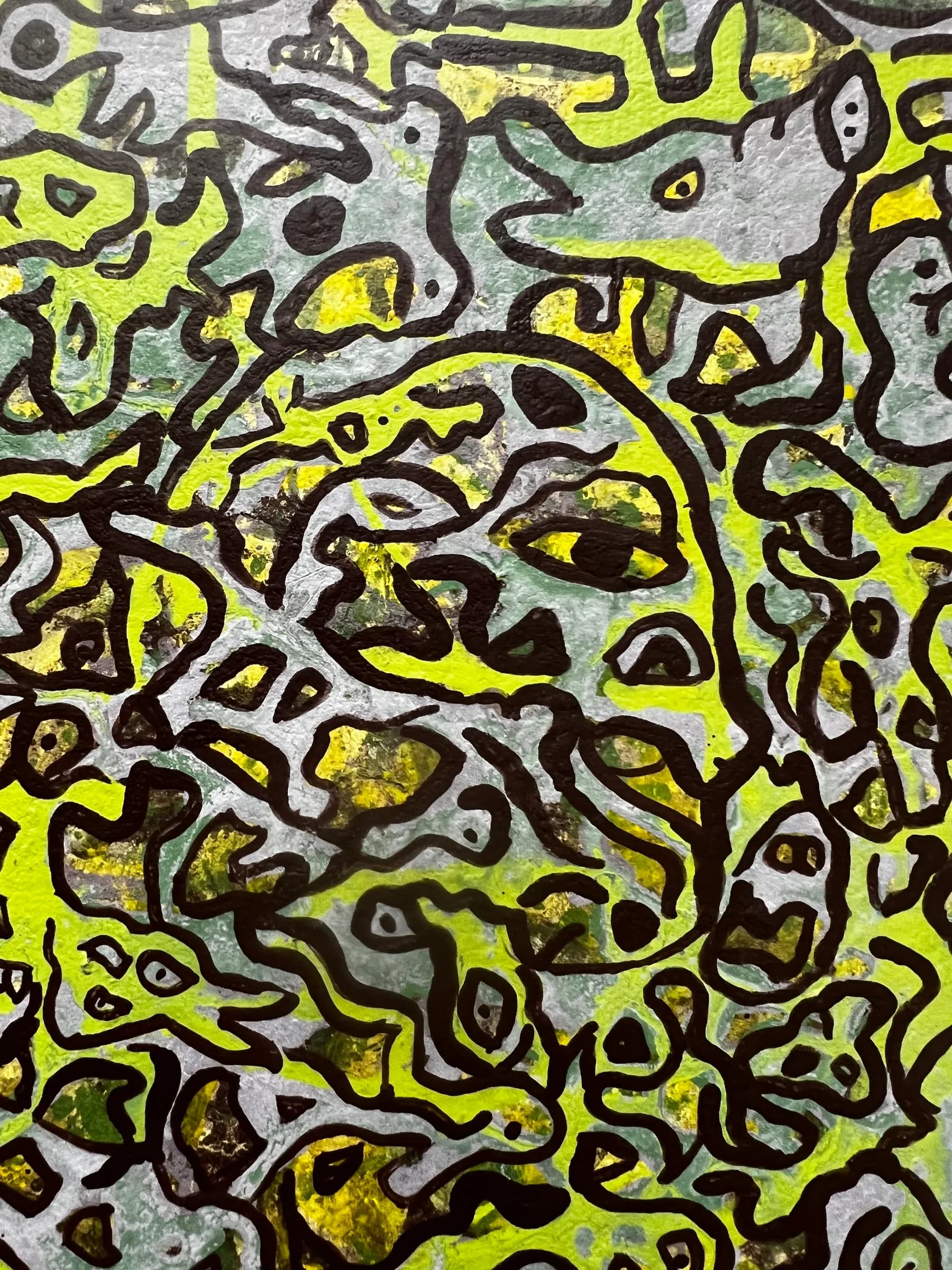 Toxic 1 by Ana Violeta Horta, yellow-green mineral pigment with dark outlined organic shapes