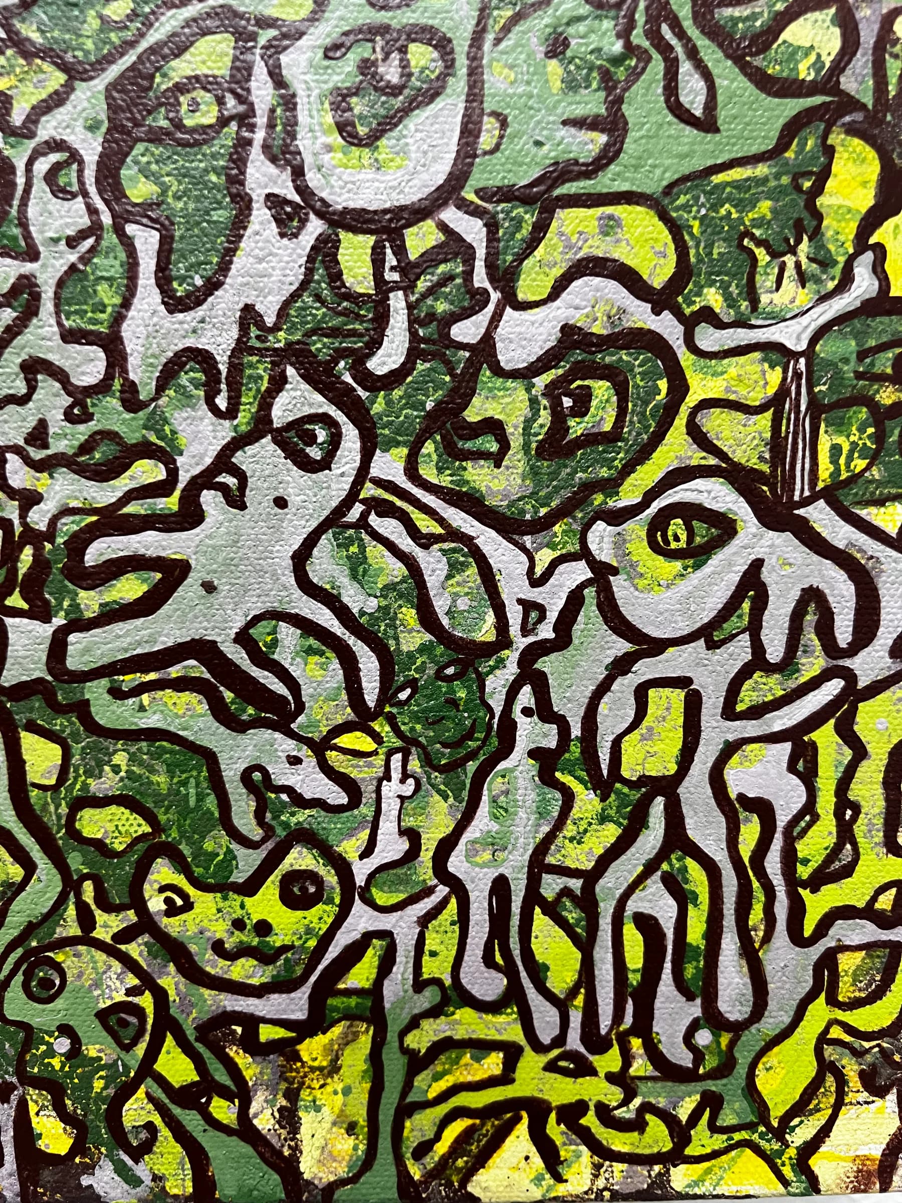 Toxic 2 by Ana Violeta Horta, green and yellow mineral pigment with dark outlined figures