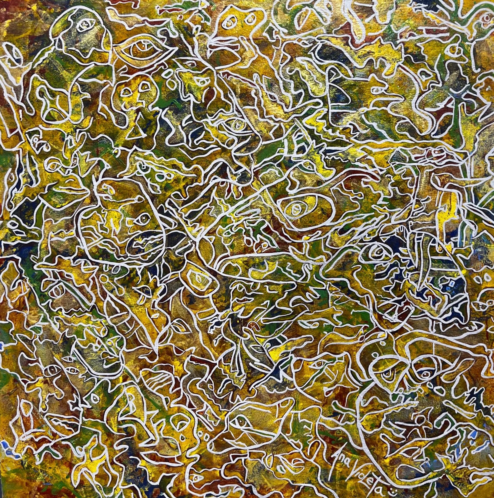 Trying to Survive in the Golden Jungle by Ana Violeta Horta, golden mica and earth tones with dense outlined figures